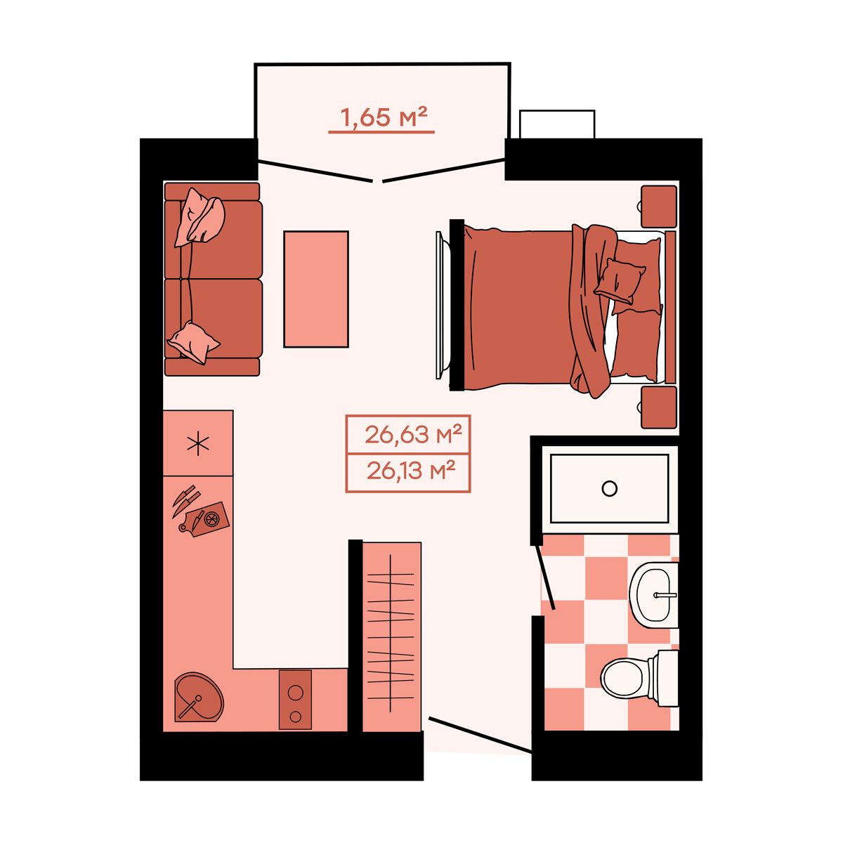 1-комнатная, 26.63 м², № 9 в Клубный (Suncity)