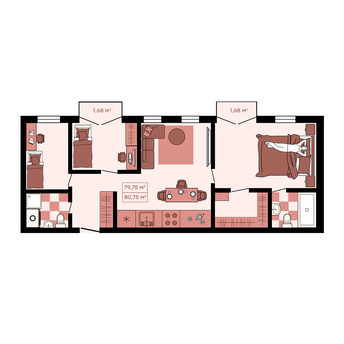 2-комнатная, 80.75 м², № 40 в Клубный (Suncity)