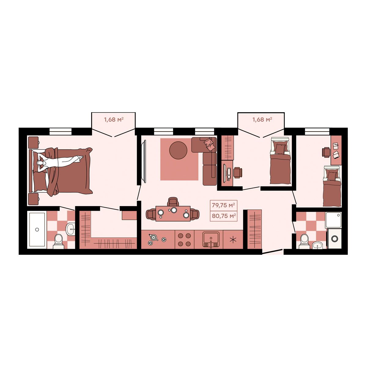 2-комнатная, 80.75 м², № 39 в Клубный (Suncity)