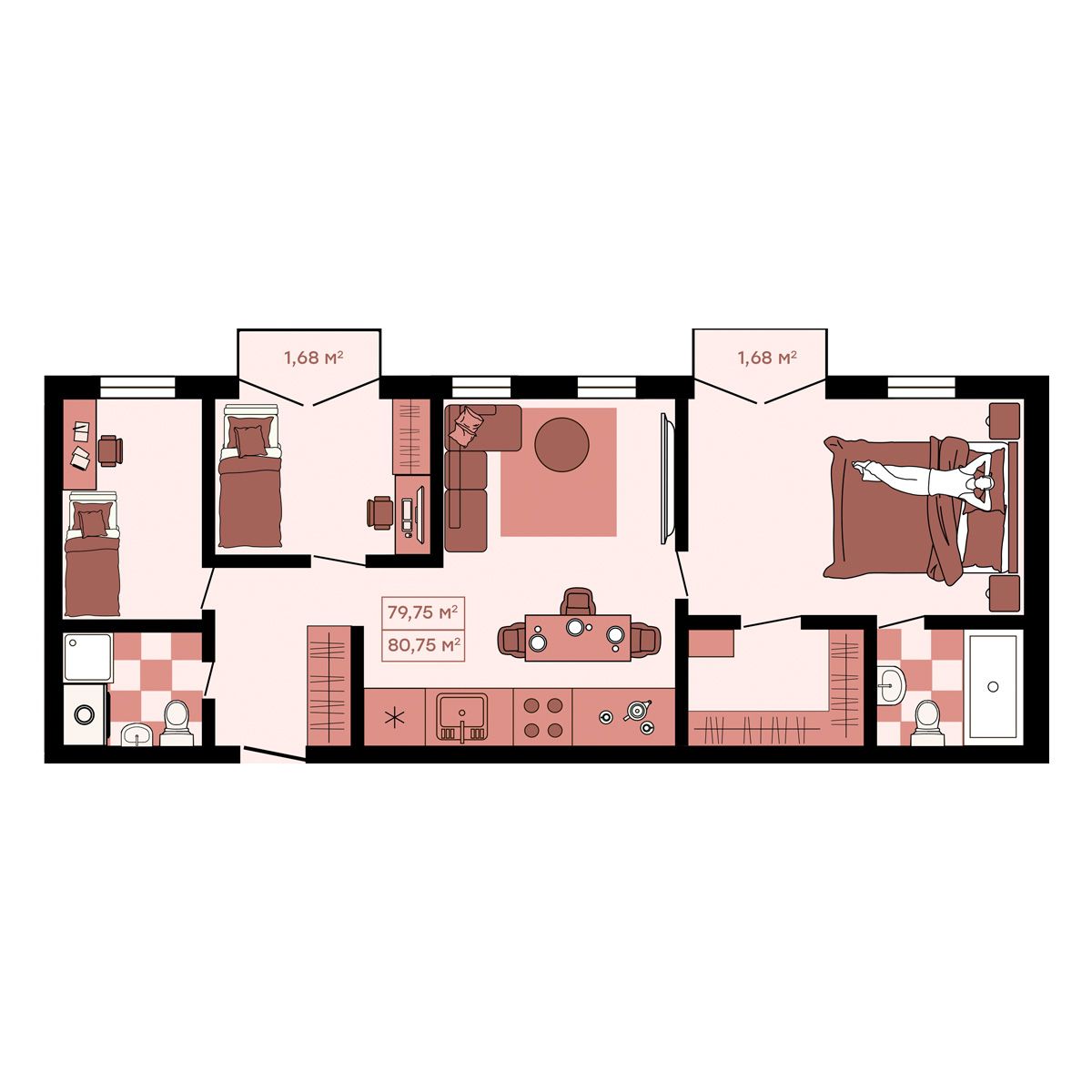 4-комнатная, 80.75 м², № 39 в Клубный (Suncity)