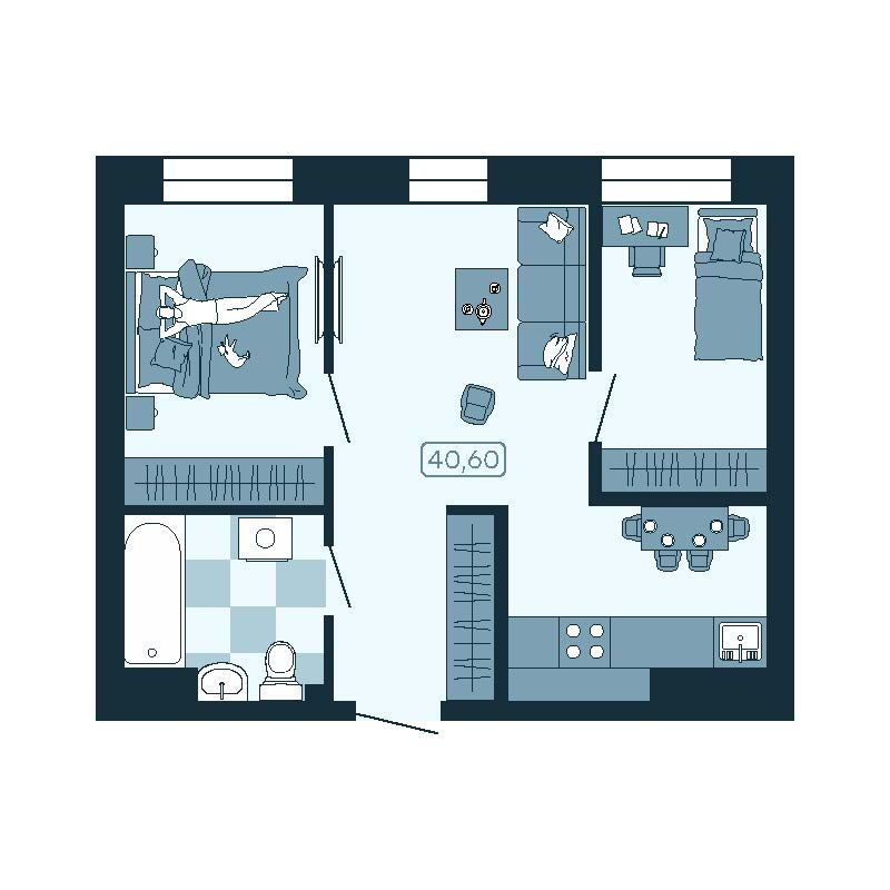 2-комнатная, 40.6 м², № 168 в Соболь