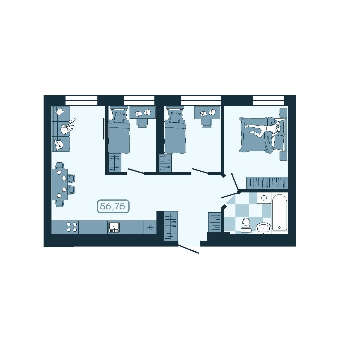 3-комнатная, 56.96 м², № 36 в Соболь