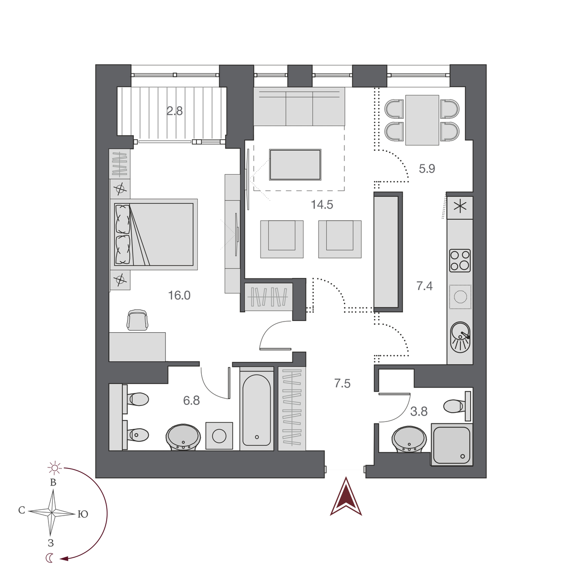 2-комнатная, 63.3 м², № 282 в Нобель