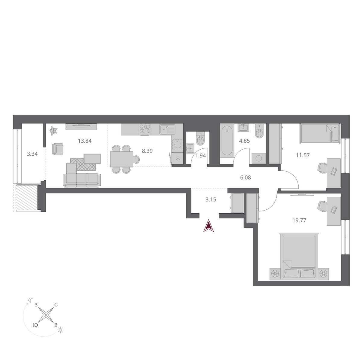 3-комнатная, 74.19 м², № 169 в Беринг