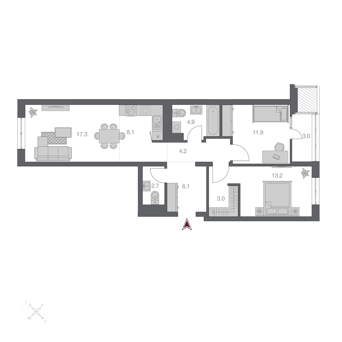 3-комнатная, 74.56 м², № 203 в Беринг