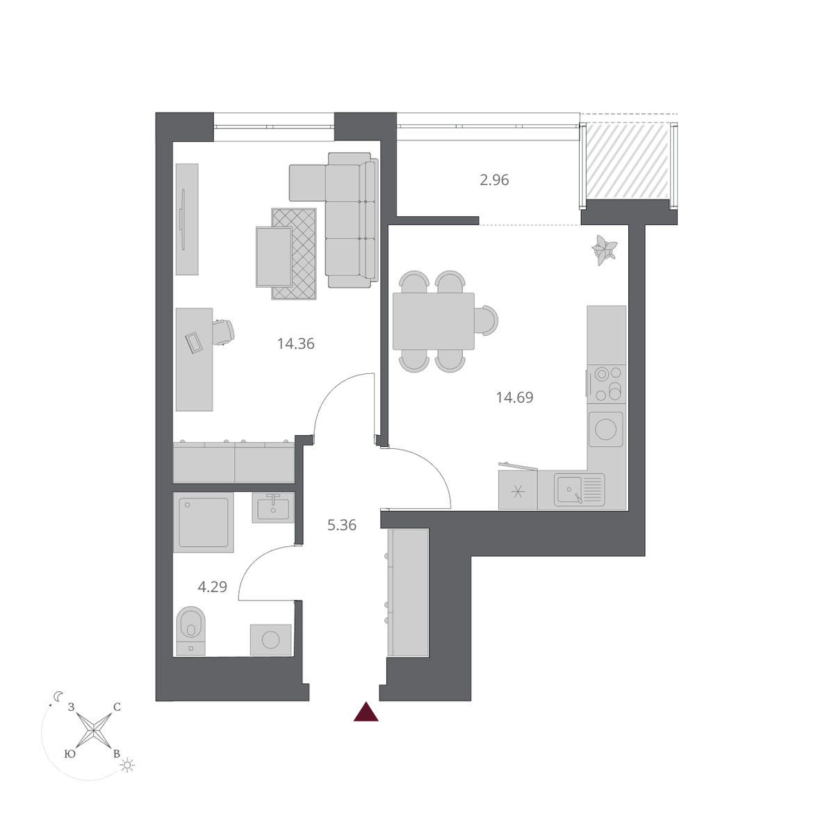 1-комнатная, 41.66 м², № 98 в Беринг