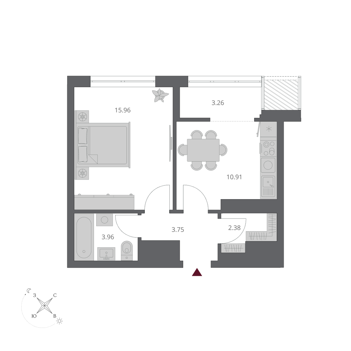 1-комнатная, 40.22 м², № 330 в Беринг