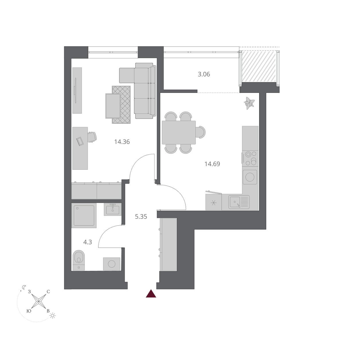 1-комнатная, 41.76 м², № 109/1 в Беринг