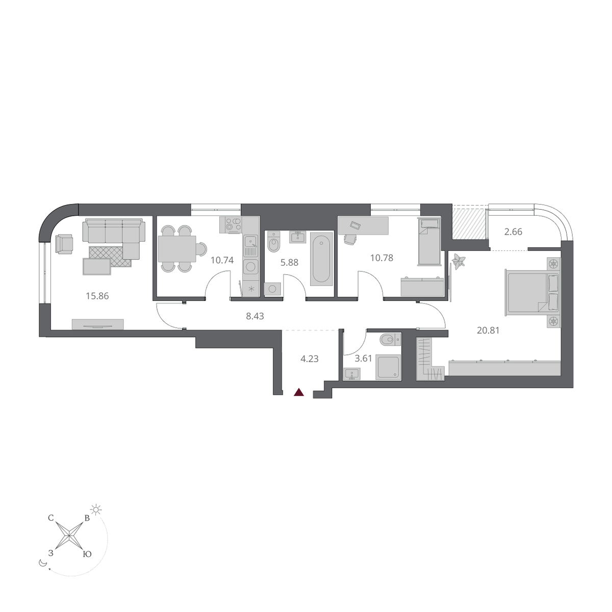 3-комнатная, 83 м², № 43 в Беринг