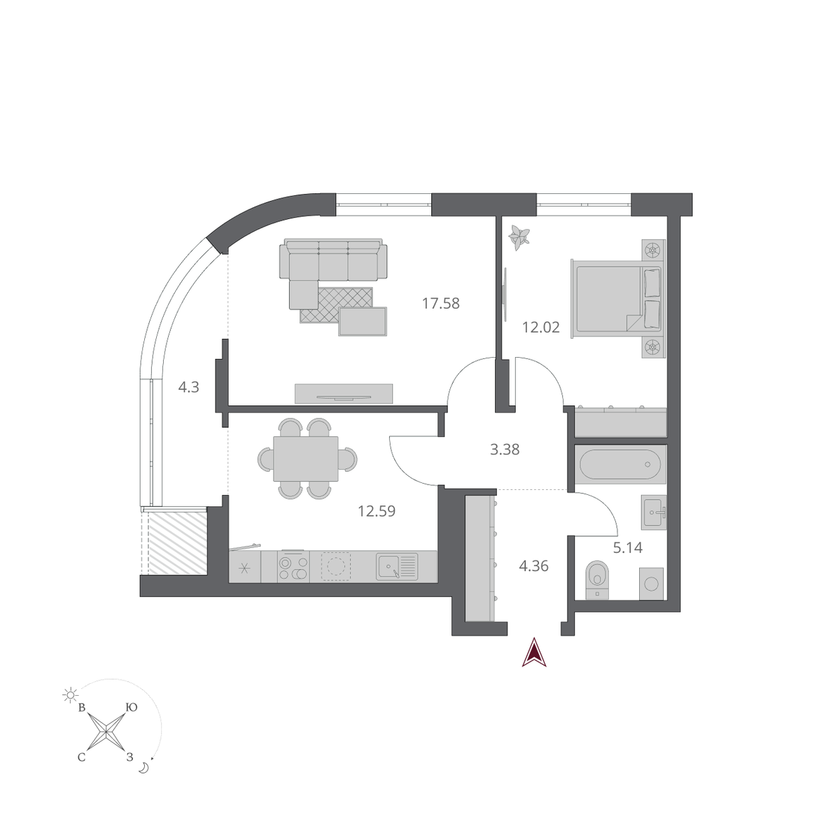 3-комнатная, 59.64 м², № 262 в Беринг