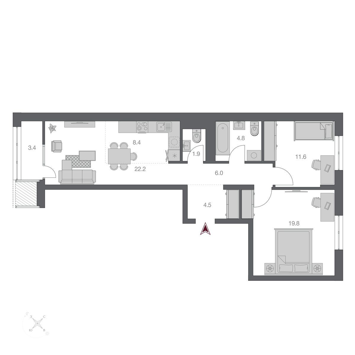 3-комнатная, 74.2 м², № 182 в Беринг