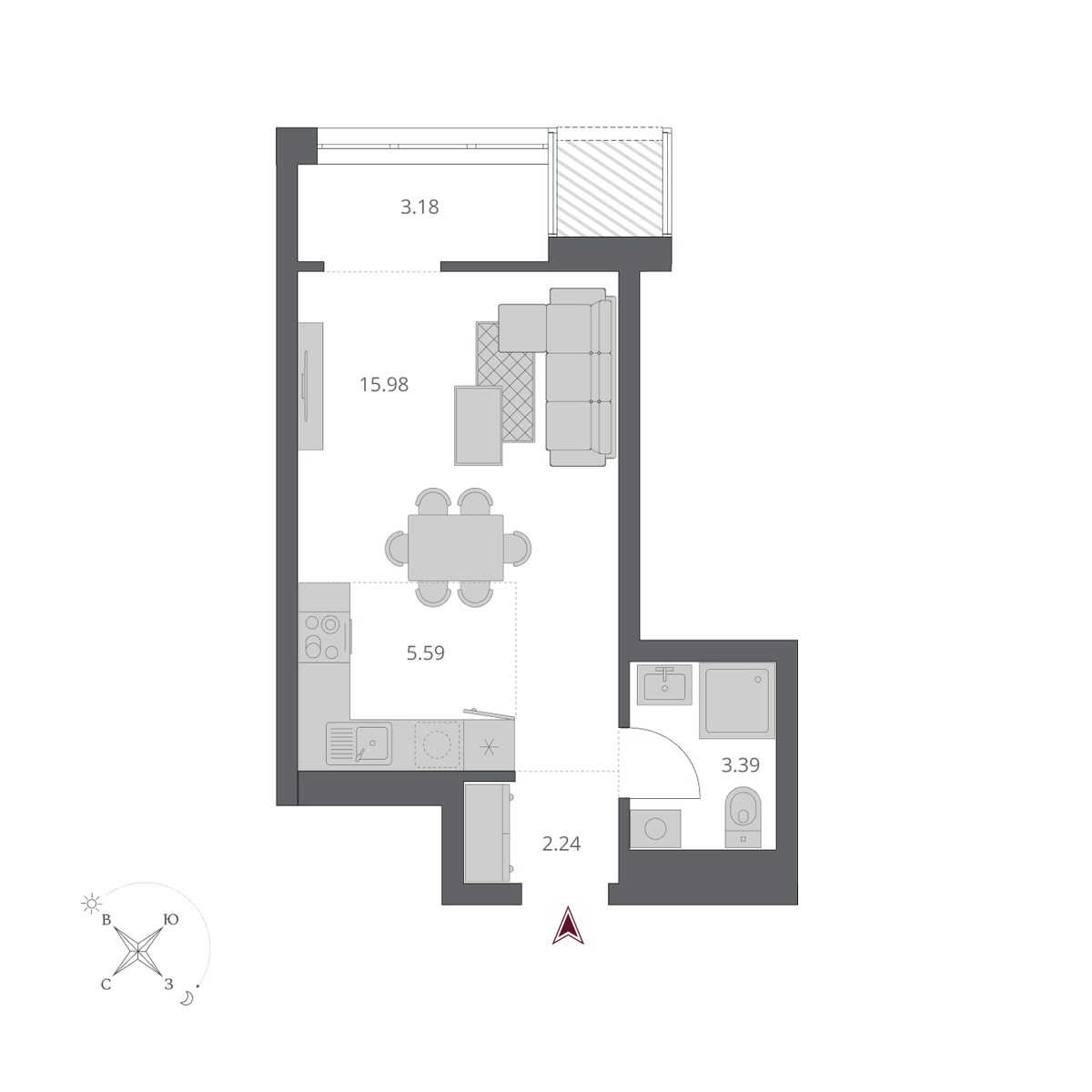 Студия, 30.38 м², № 211 в Беринг
