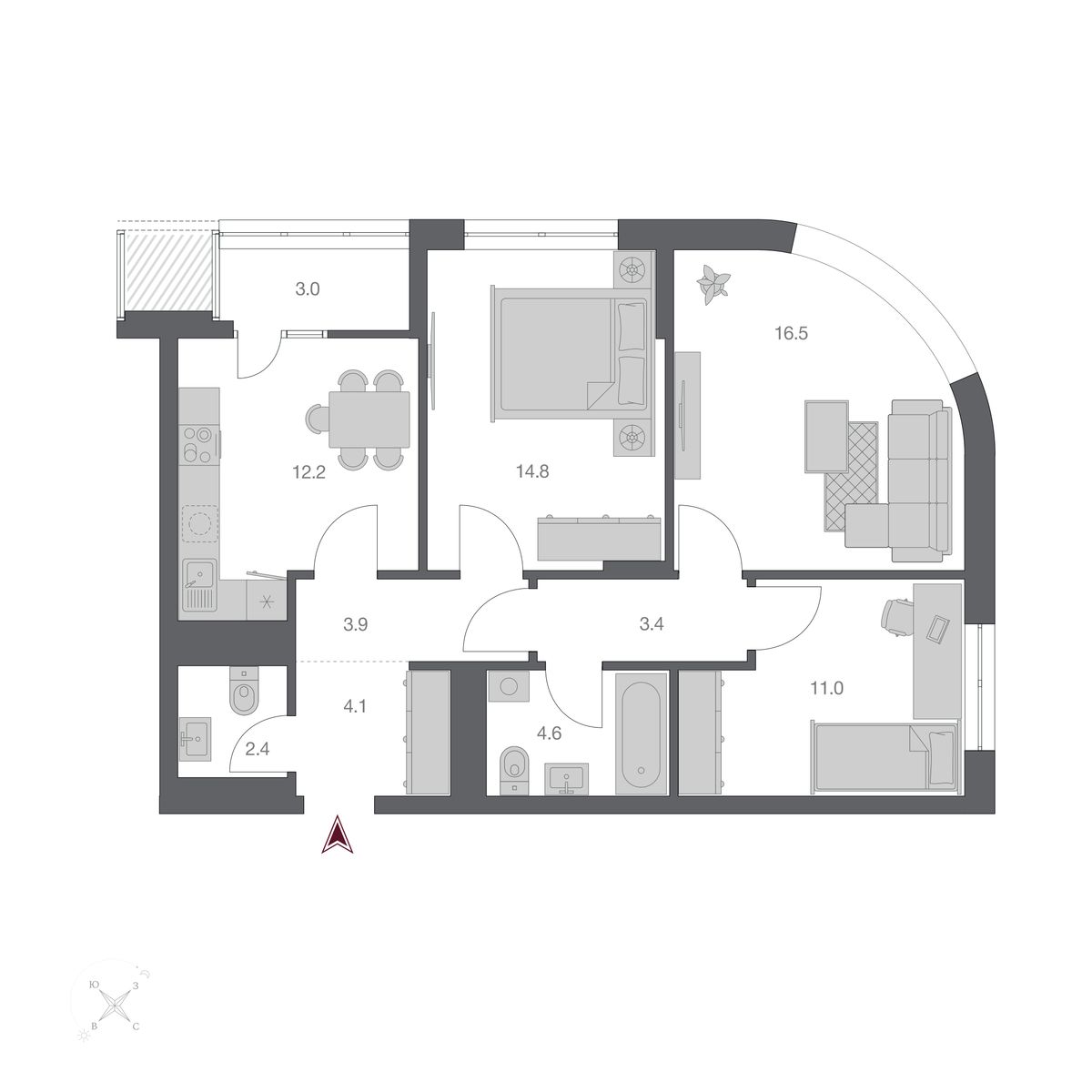 3-комнатная, 75.87 м², № 105 в Беринг