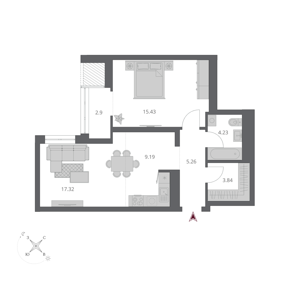 2-комнатная, 58.17 м², № 202 в Беринг