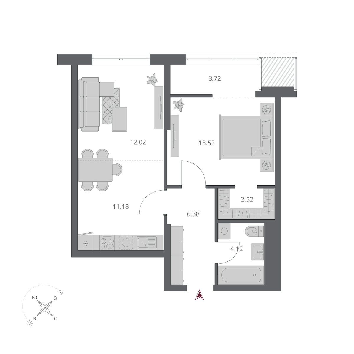 2-комнатная, 53.46 м², № 126 в Беринг