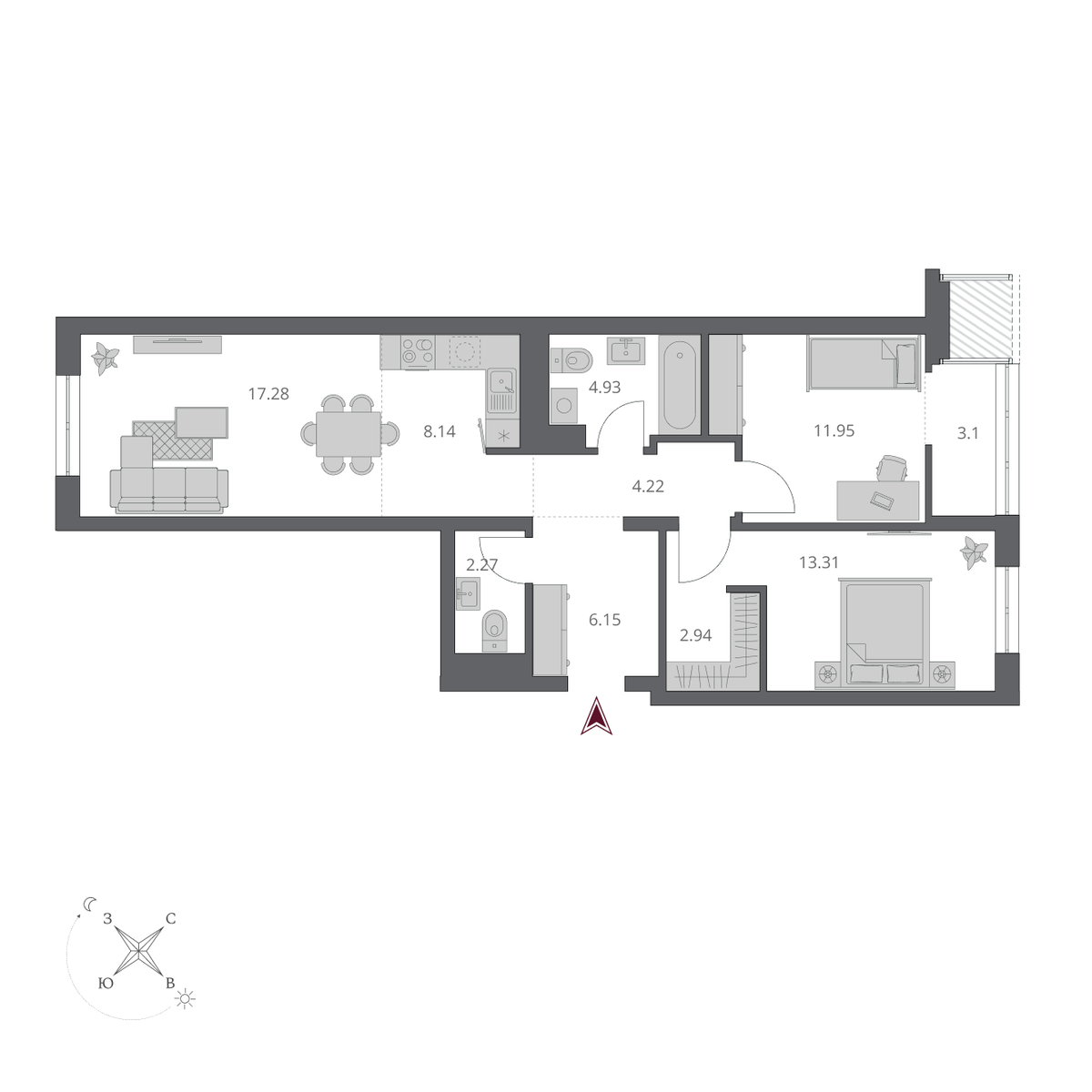 3-комнатная, 74.74 м², № 203 в Беринг