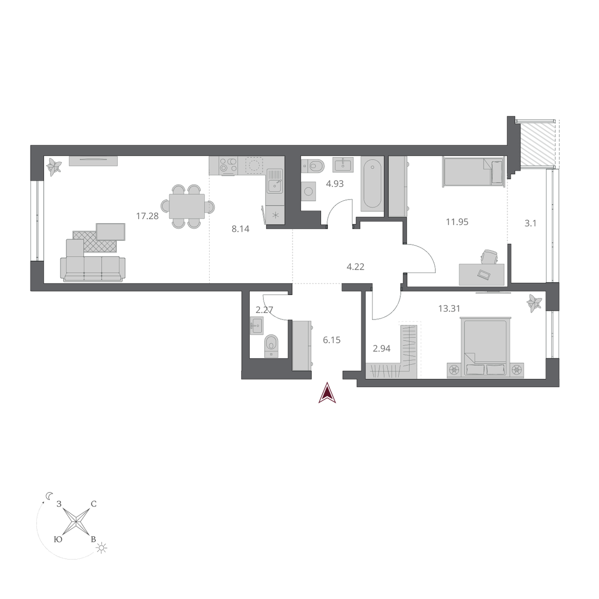 3-комнатная, 74.74 м², № 273 в Беринг