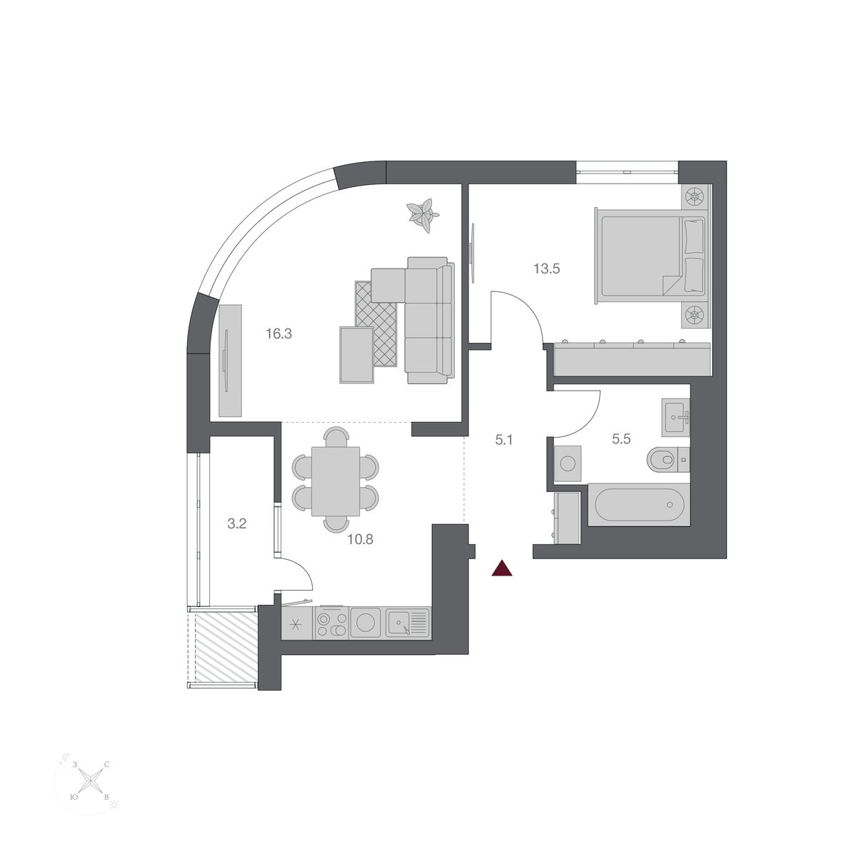 2-комнатная, 54.4 м², № 299 в Беринг