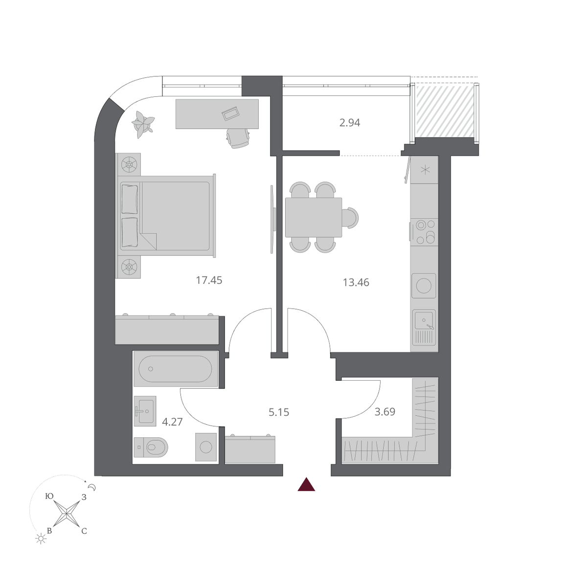1-комнатная, 46.96 м², № 9 в Беринг