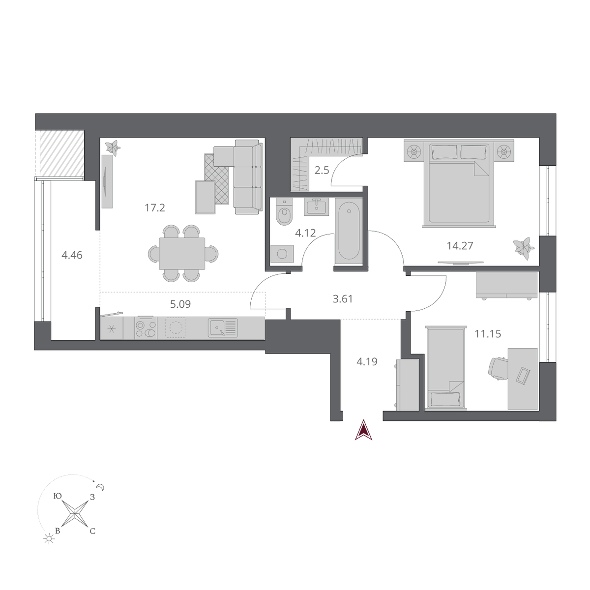 3-комнатная, 66.59 м², № 207 в Беринг