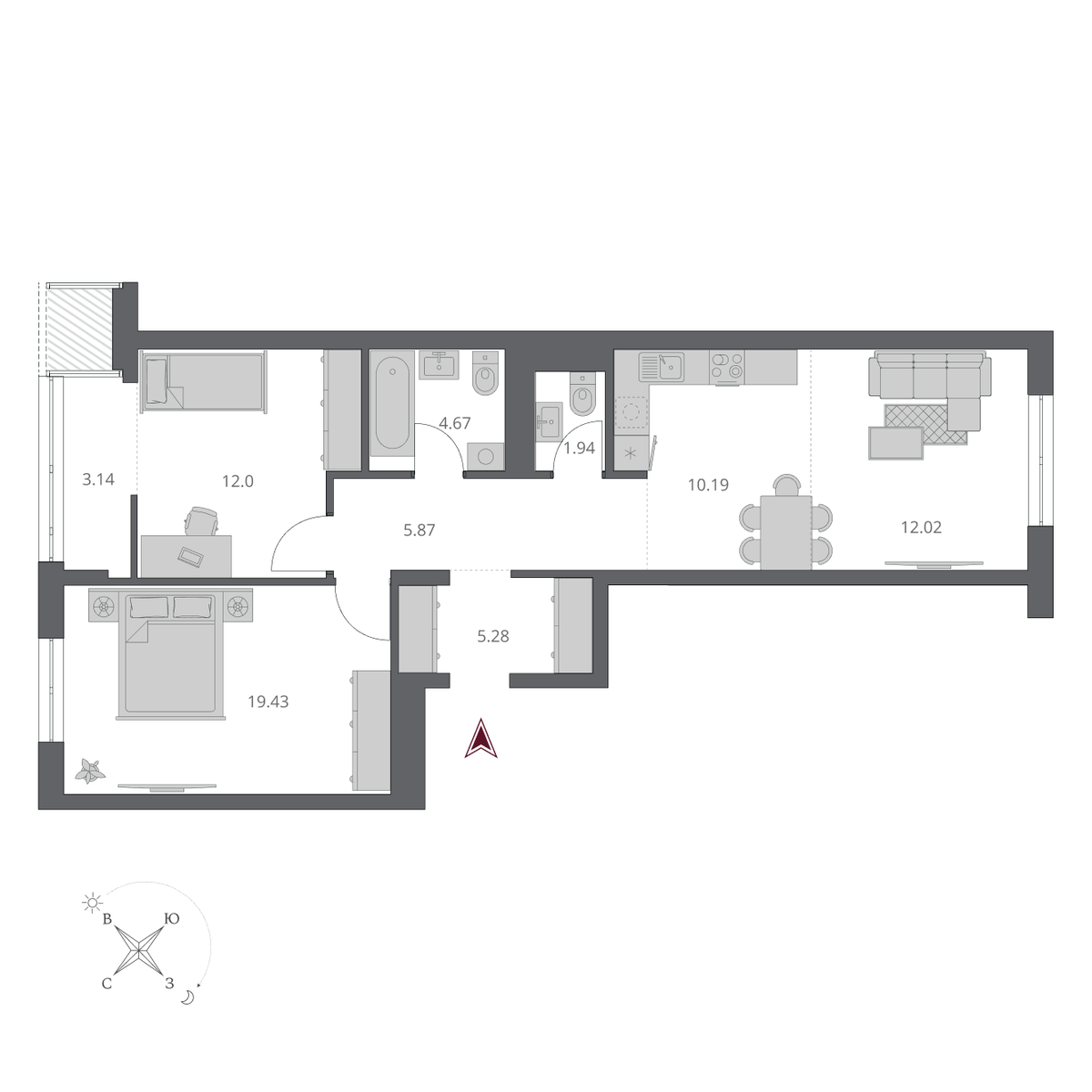 3-комнатная, 74.54 м², № 125 в Беринг