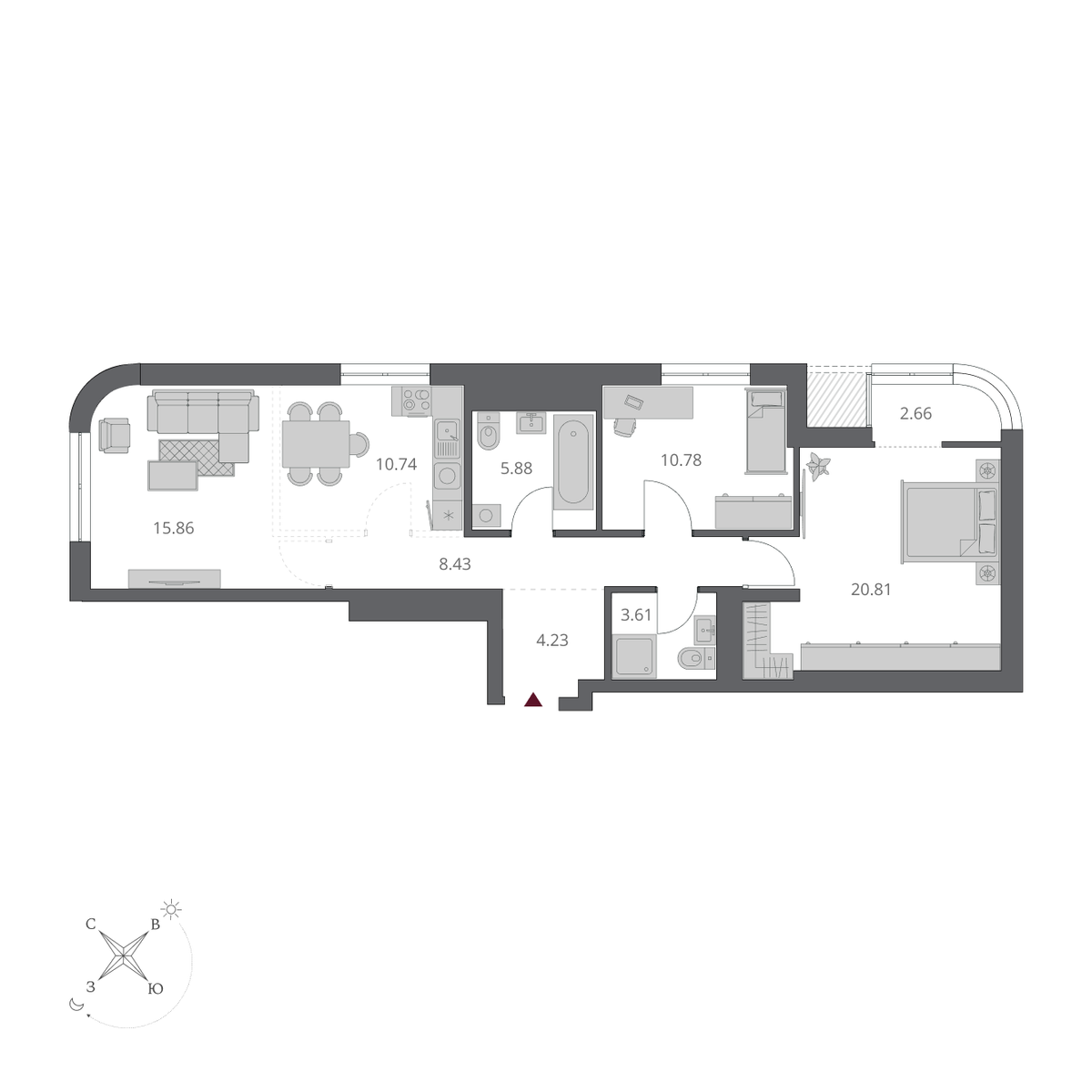 3-комнатная, 83 м², № 99 в Беринг