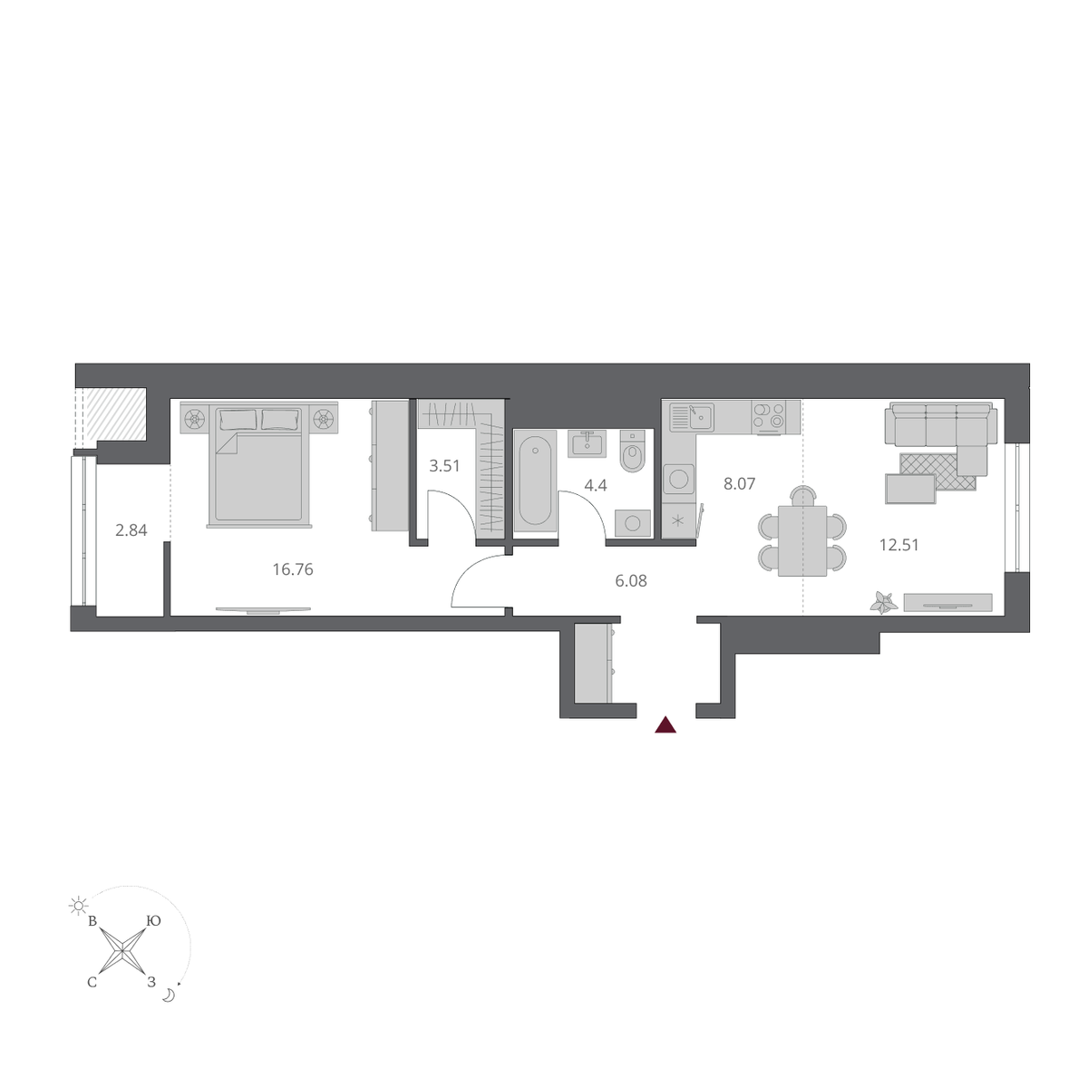 2-комнатная, 55.08 м², № 38 в Беринг
