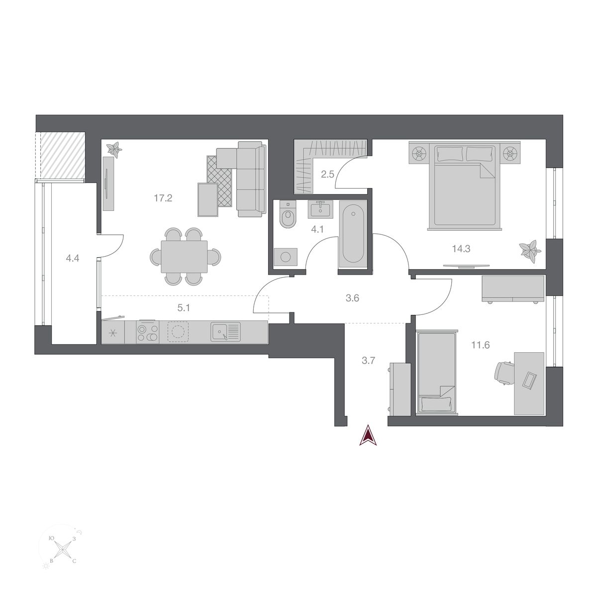3-комнатная, 66.49 м², № 255 в Беринг