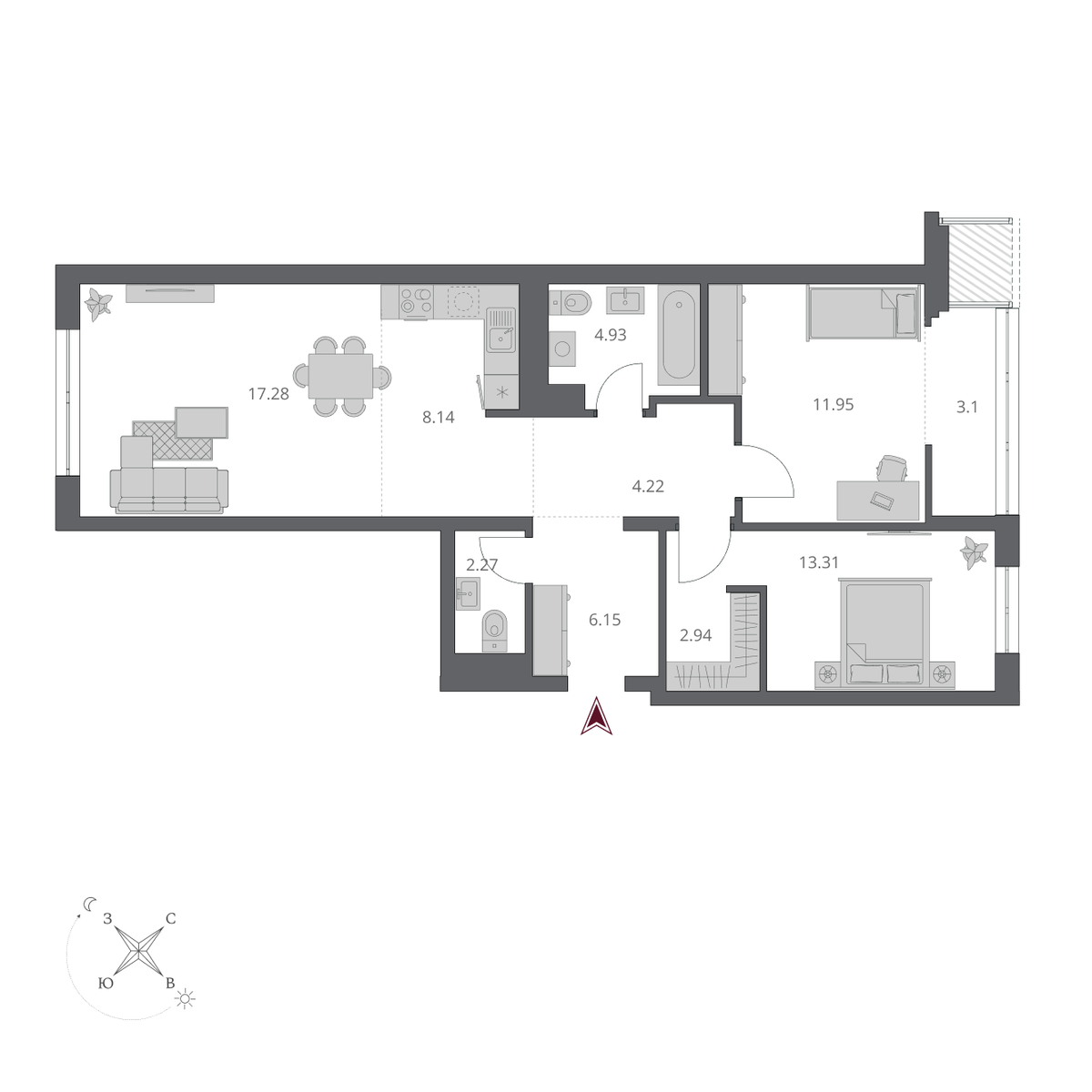 3-комнатная, 74.74 м², № 203 в Беринг