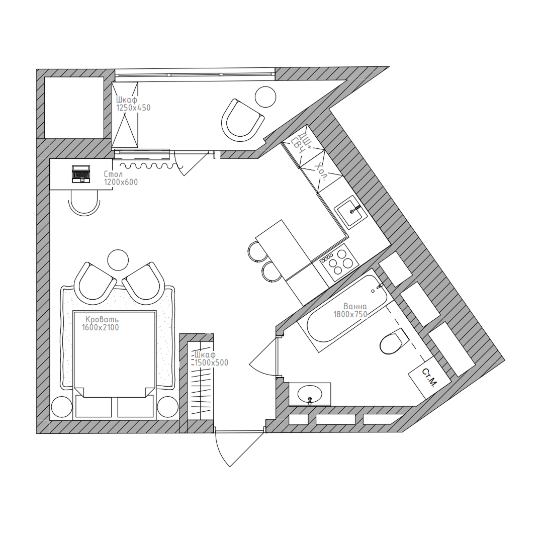 Студия, 34 м², № 83 в Беринг