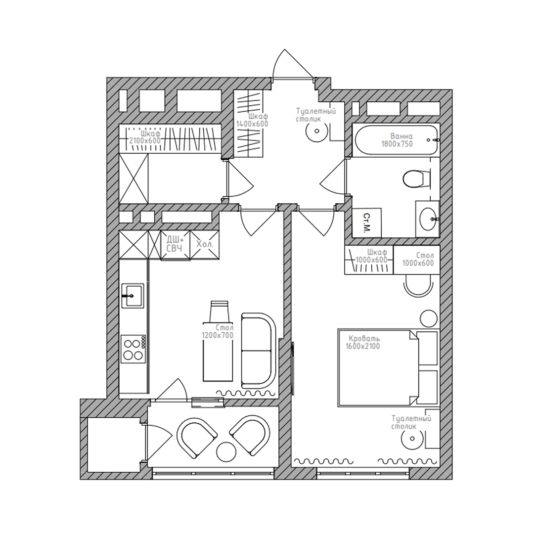 1-комнатная, 43.2 м², № 213 в Беринг