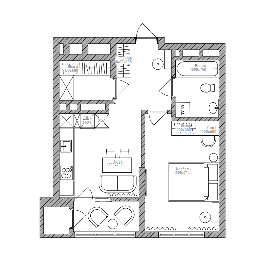 1-комнатная, 44 м², № 225 в Беринг