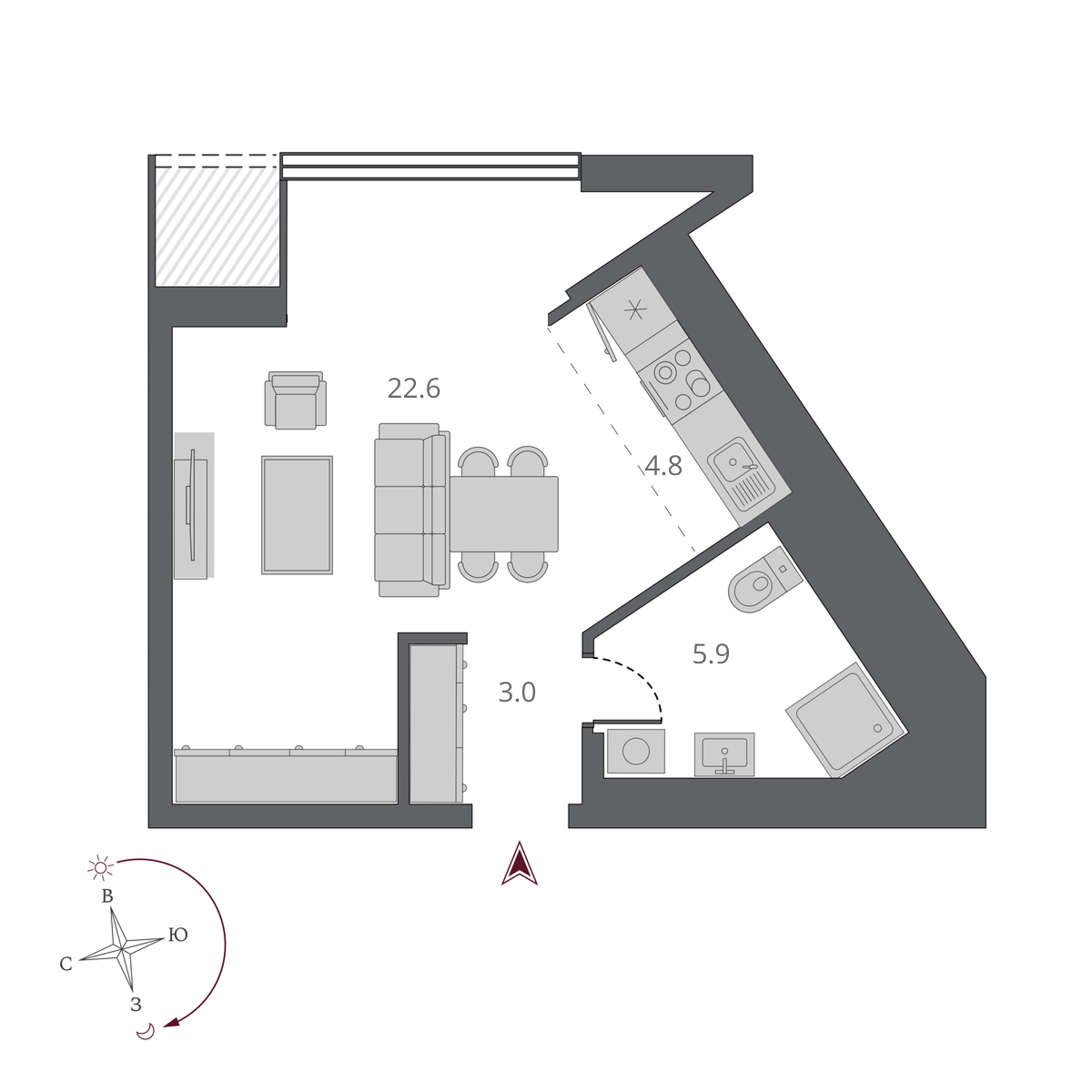 Студия, 34 м², № 83 в Беринг
