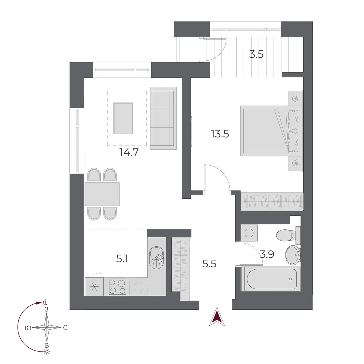 2-комнатная, 46.2 м², № 127 в Оскар