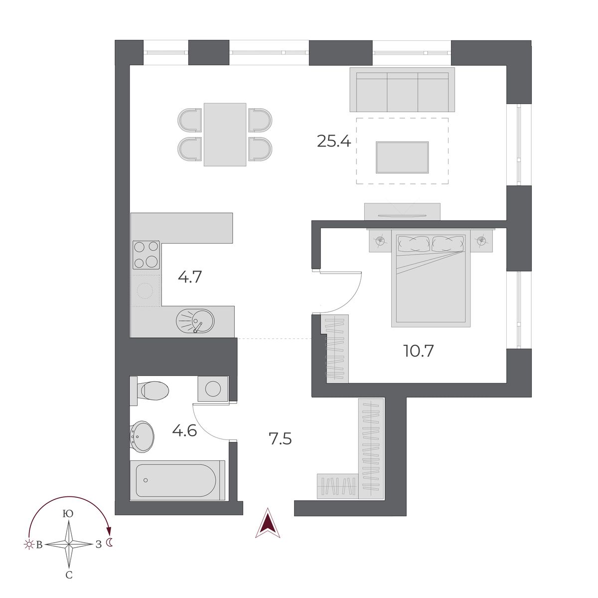 2-комнатная, 52.9 м², № 152 в Оскар