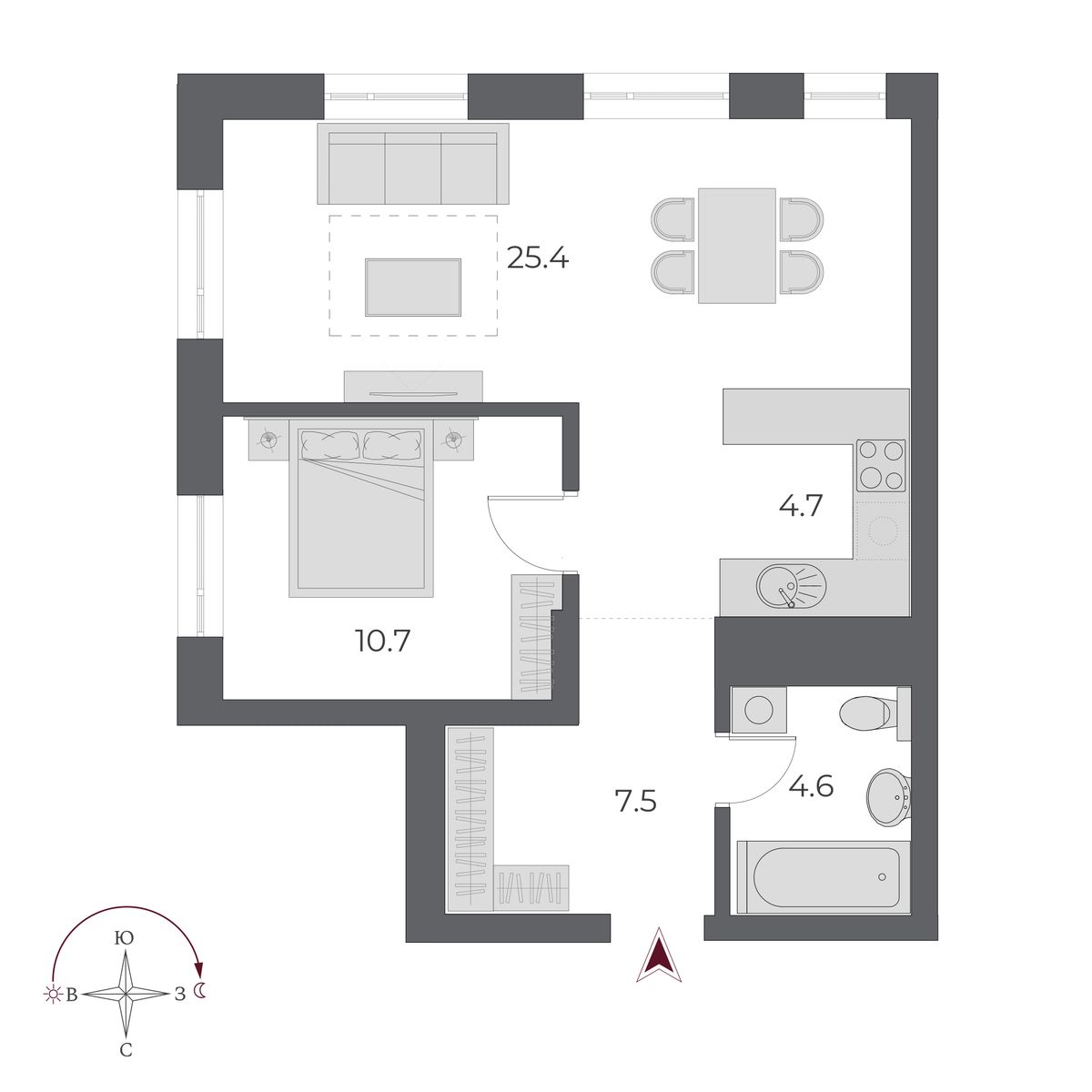 2-комнатная, 52.9 м², № 151 в Оскар