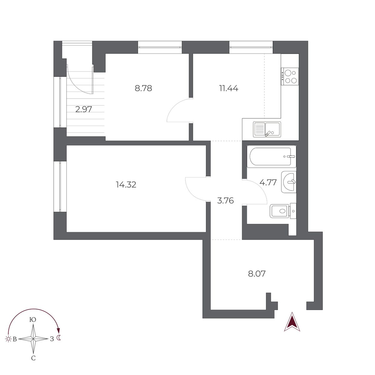 2-комнатная, 54 м², № 431 в Оскар