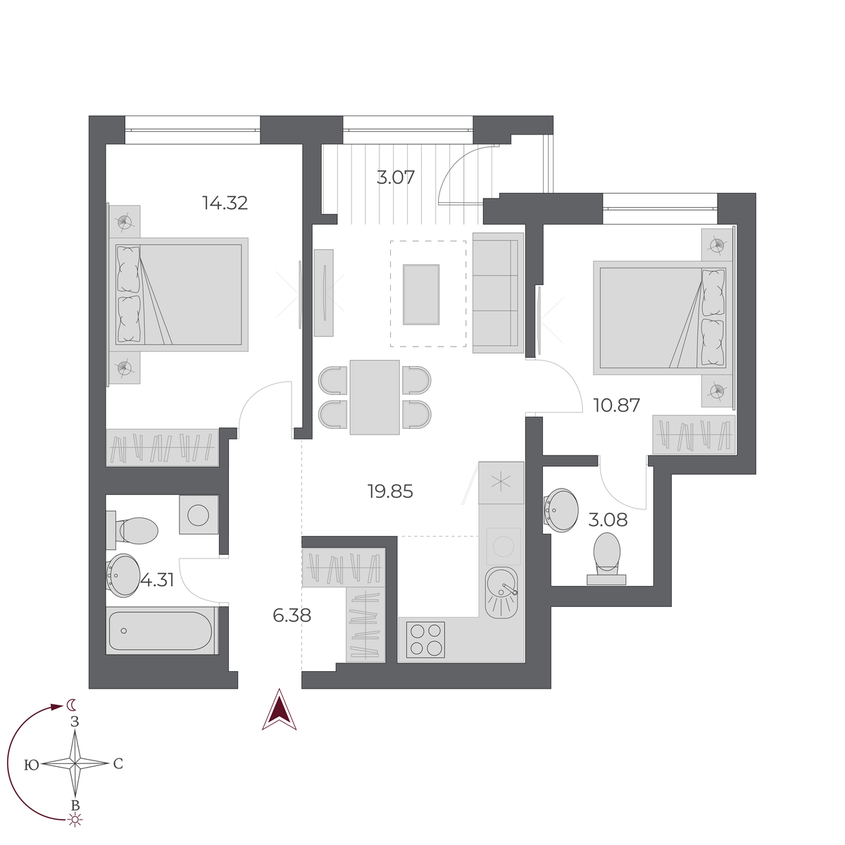 2-комнатная, 62.4 м², № 486 в Оскар