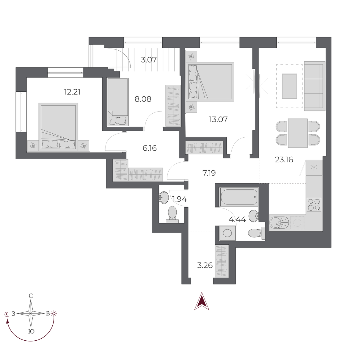 3-комнатная, 84.7 м², № 467 в Оскар