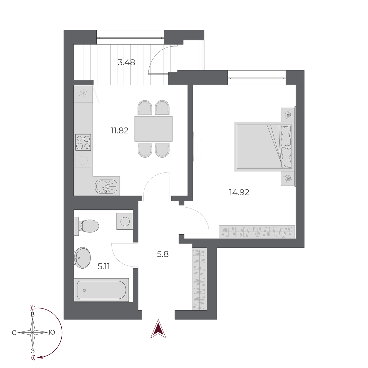 1-комнатная, 39.7 м², № 460 в Оскар