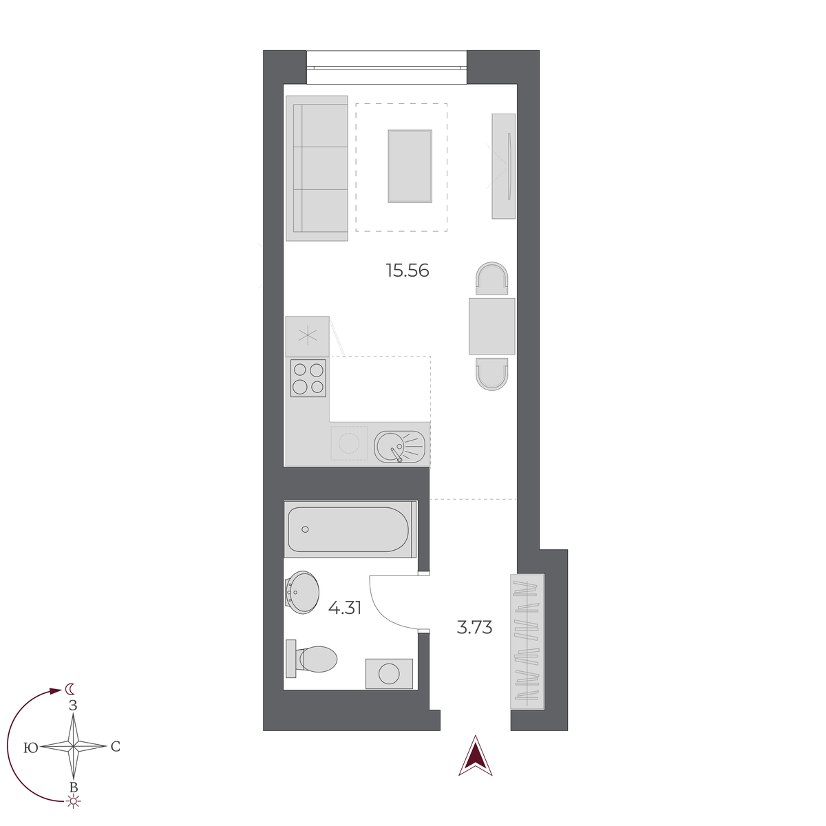 2-комнатная, 23.6 м², № 436 в Оскар