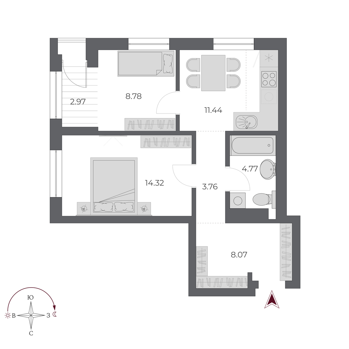 2-комнатная, 54.7 м², № 491 в Оскар