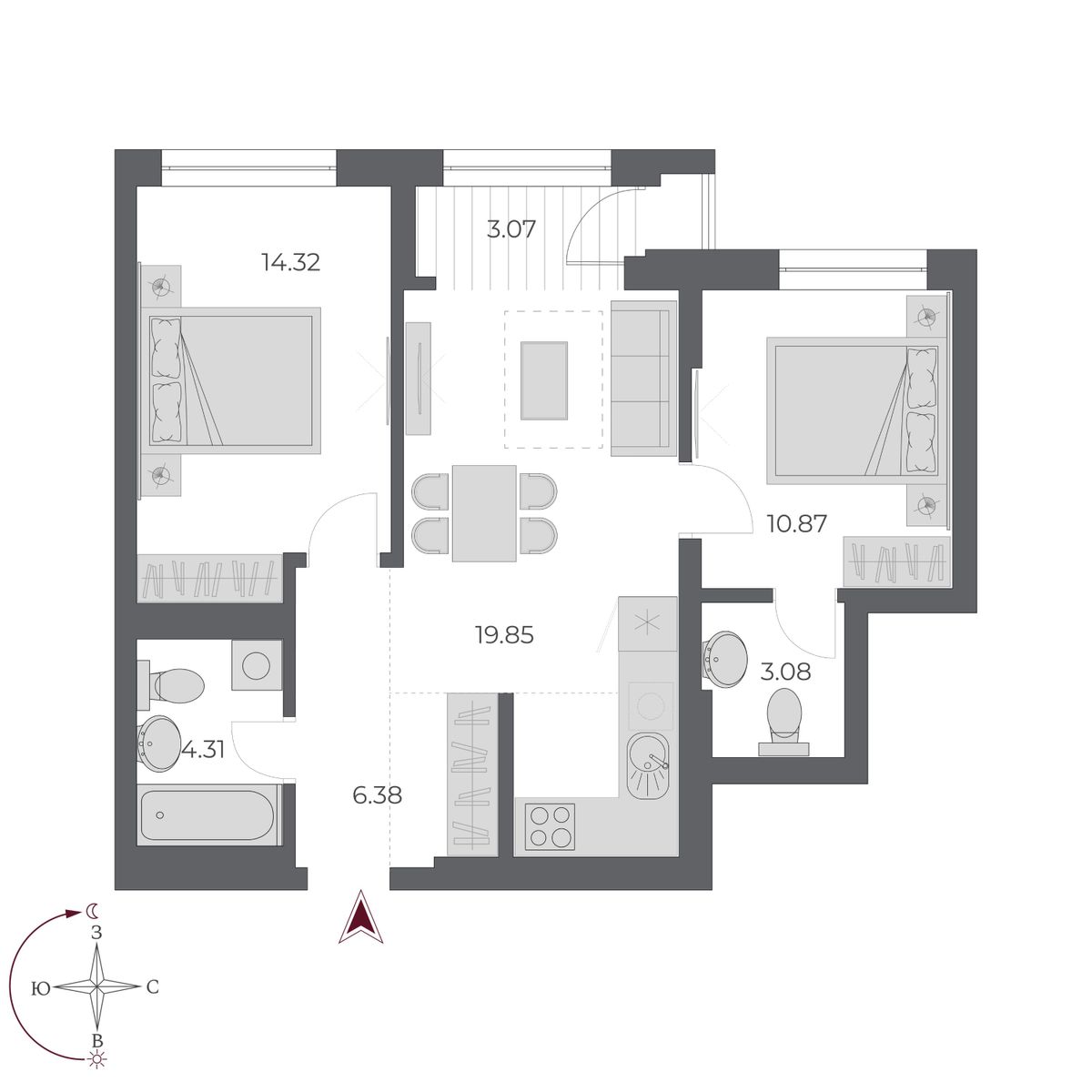 2-комнатная, 62.6 м², № 476 в Оскар