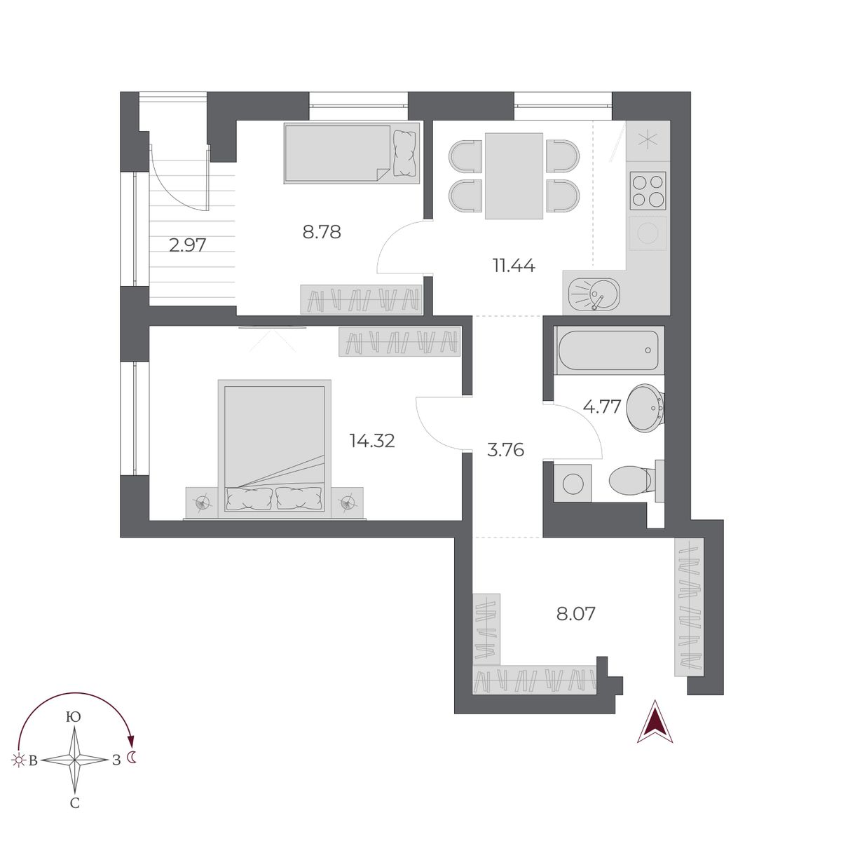 2-комнатная, 54 м², № 431 в Оскар