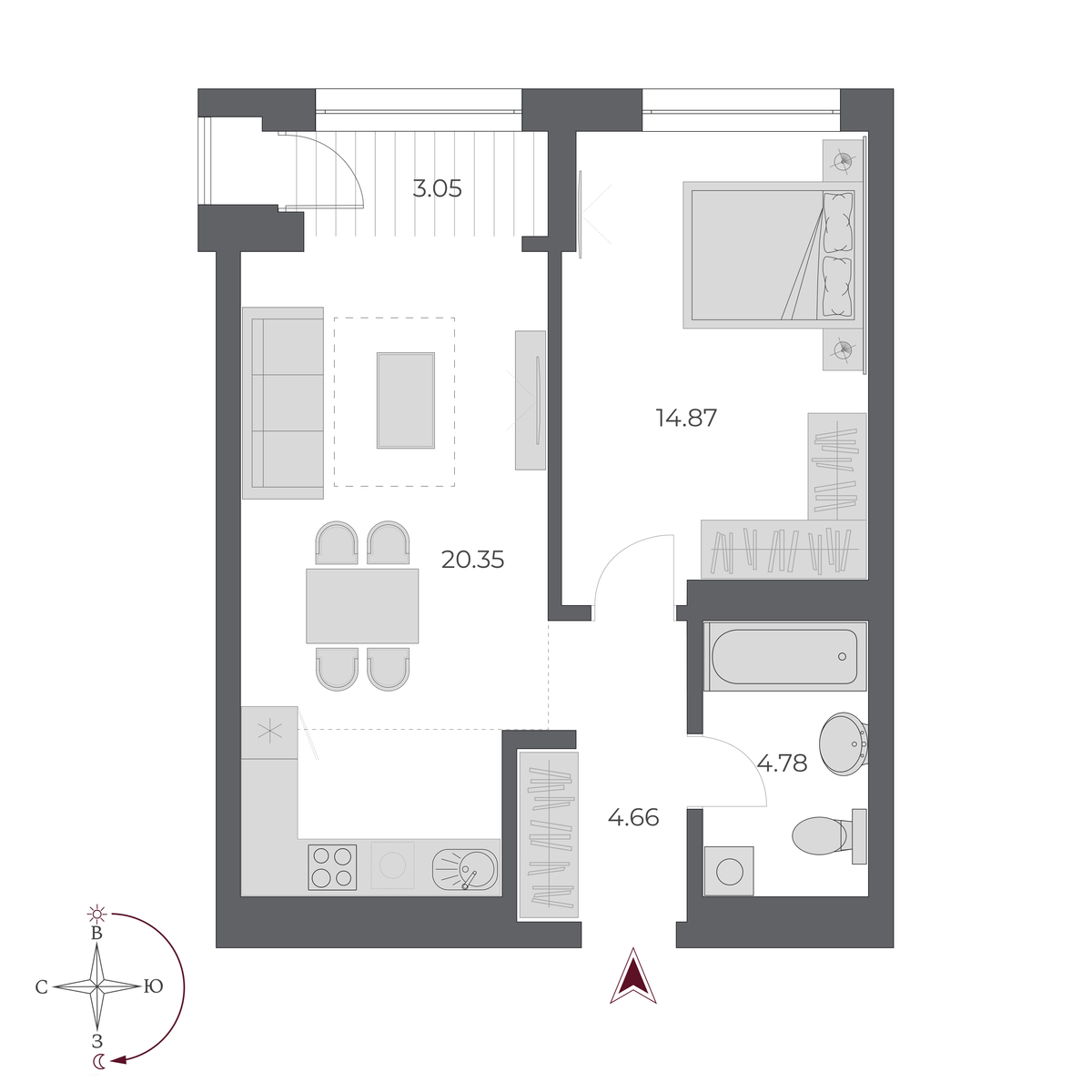 2-комнатная, 47.7 м², № 469 в Оскар
