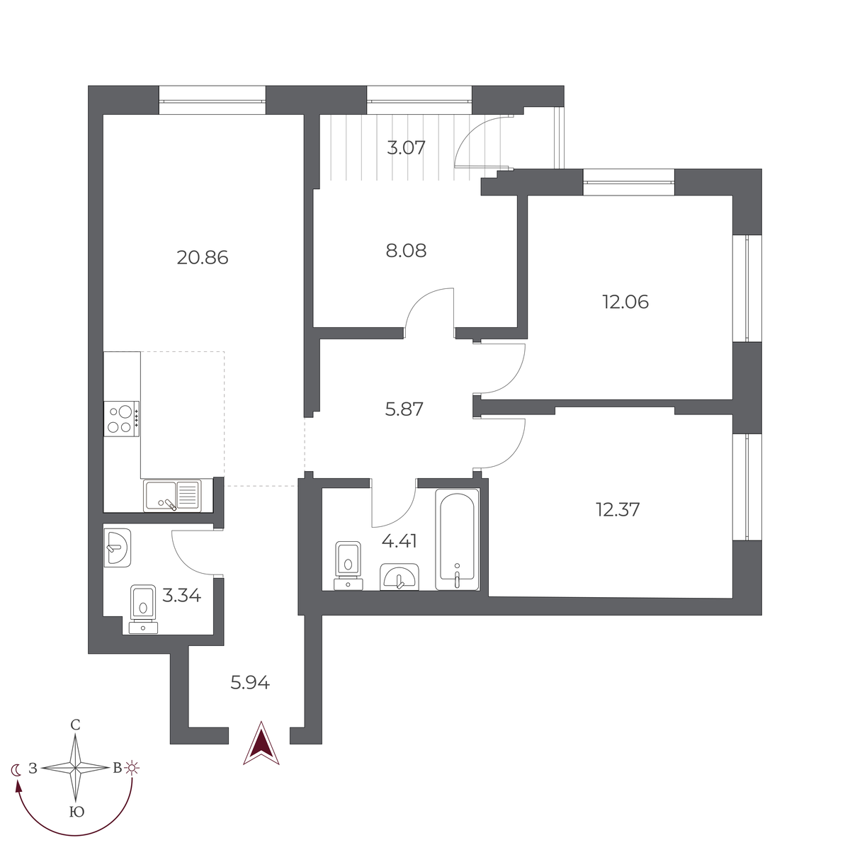 3-комнатная, 74.6 м², № 498 в Оскар