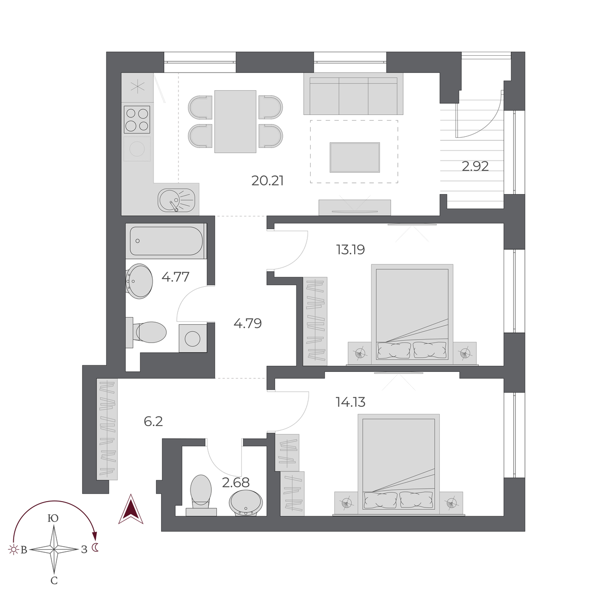 3-комнатная, 68.4 м², № 494 в Оскар