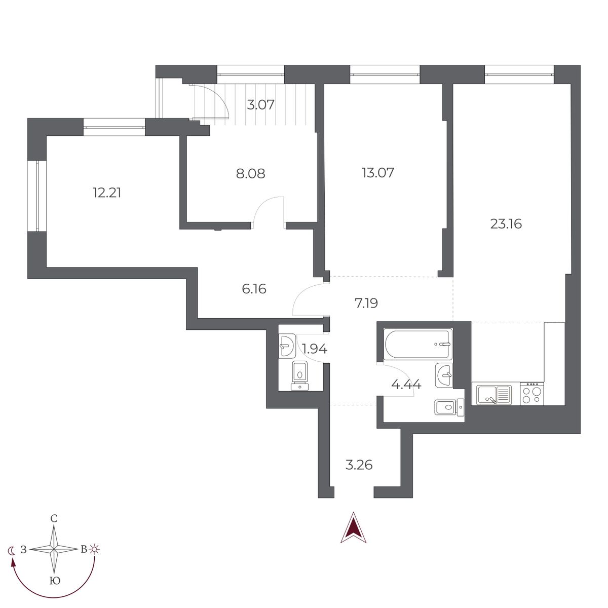 3-комнатная, 82 м², № 477 в Оскар
