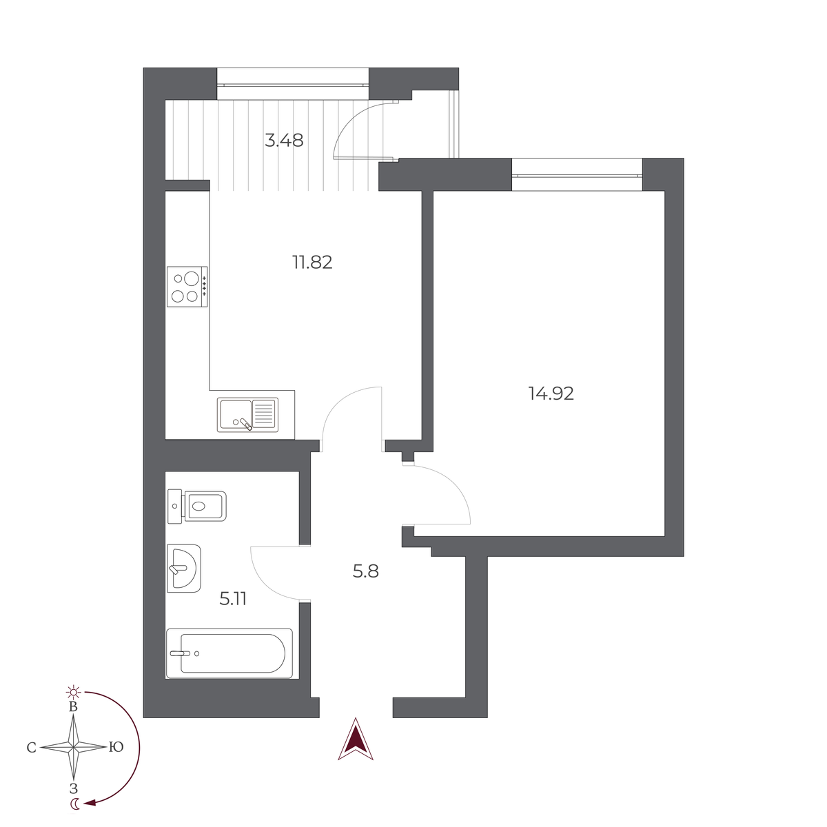 1-комнатная, 39.7 м², № 460 в Оскар