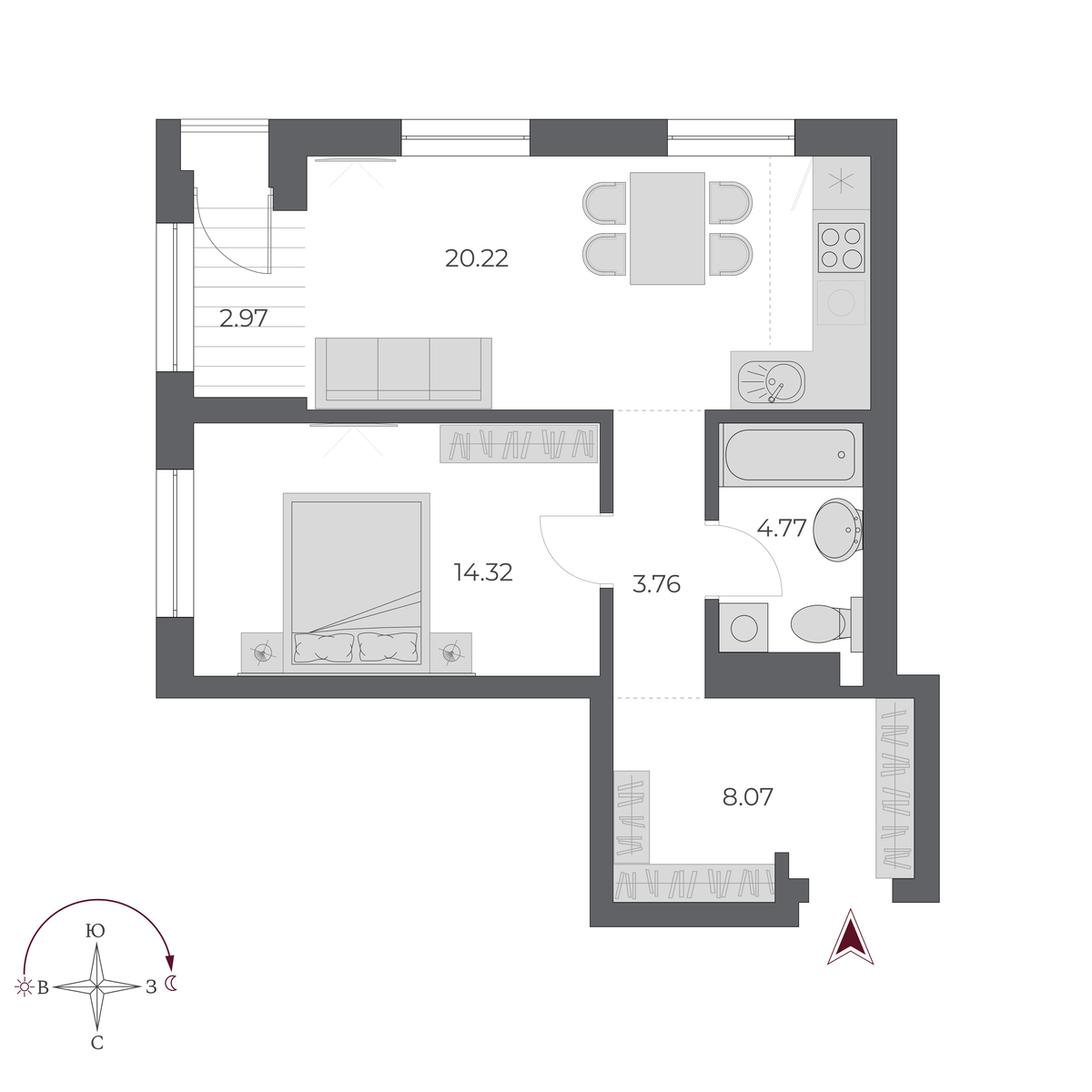 2-комнатная, 54 м², № 401 в Оскар